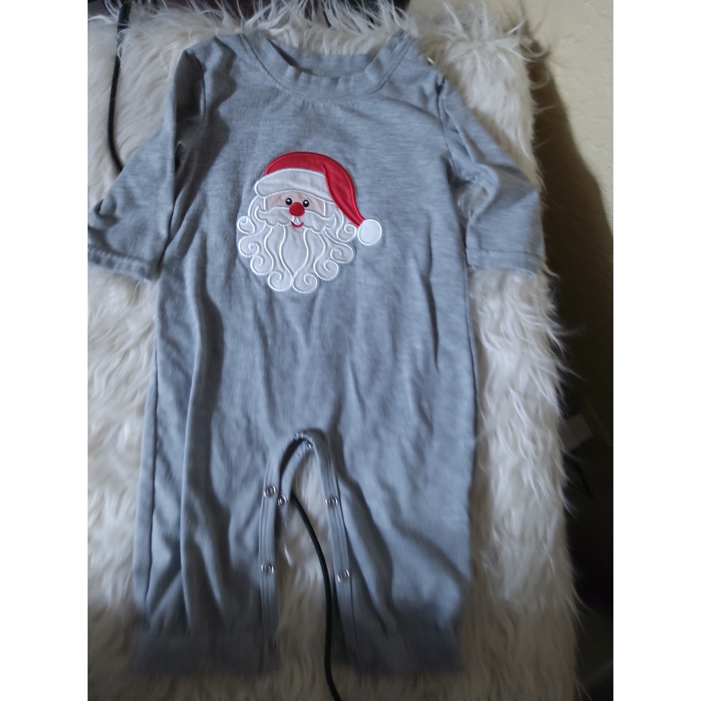Gray Santa Claus Embroidered Long Sleeve Holiday Romper Snaps Shoulder Buttons